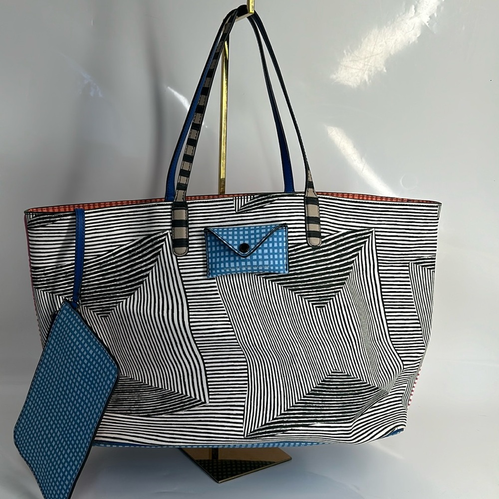 Marc Jacobs Black and White Striped Geometric Tote with Blue Accents